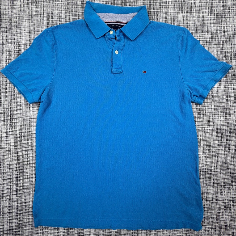 Tommy Hilfiger Mens Large Custom Fit Blue Cotton Pique Short Sleeve Polo Shirt